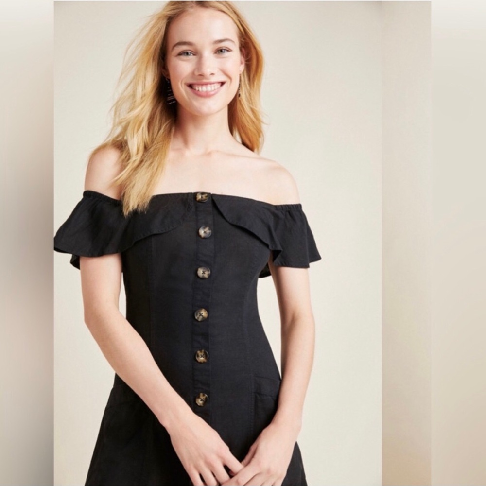 Anthropologie Coquette Black Linen Off The Shoulder Button Up Midi Dress Size 0